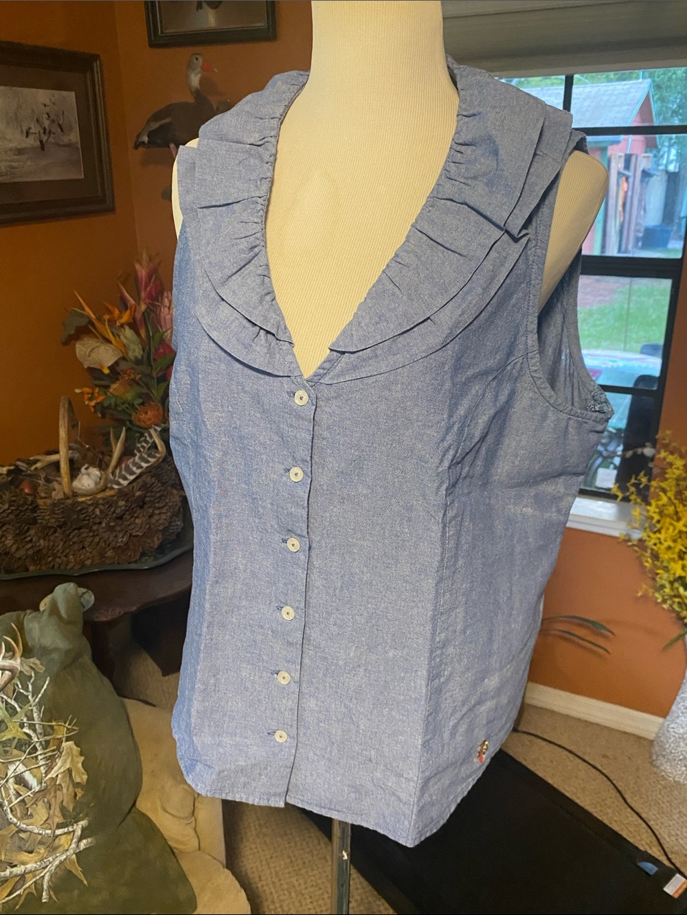 U.S. POLO Assn. Sleeveless Ruffle Collar Button-Front Top - Light Blue